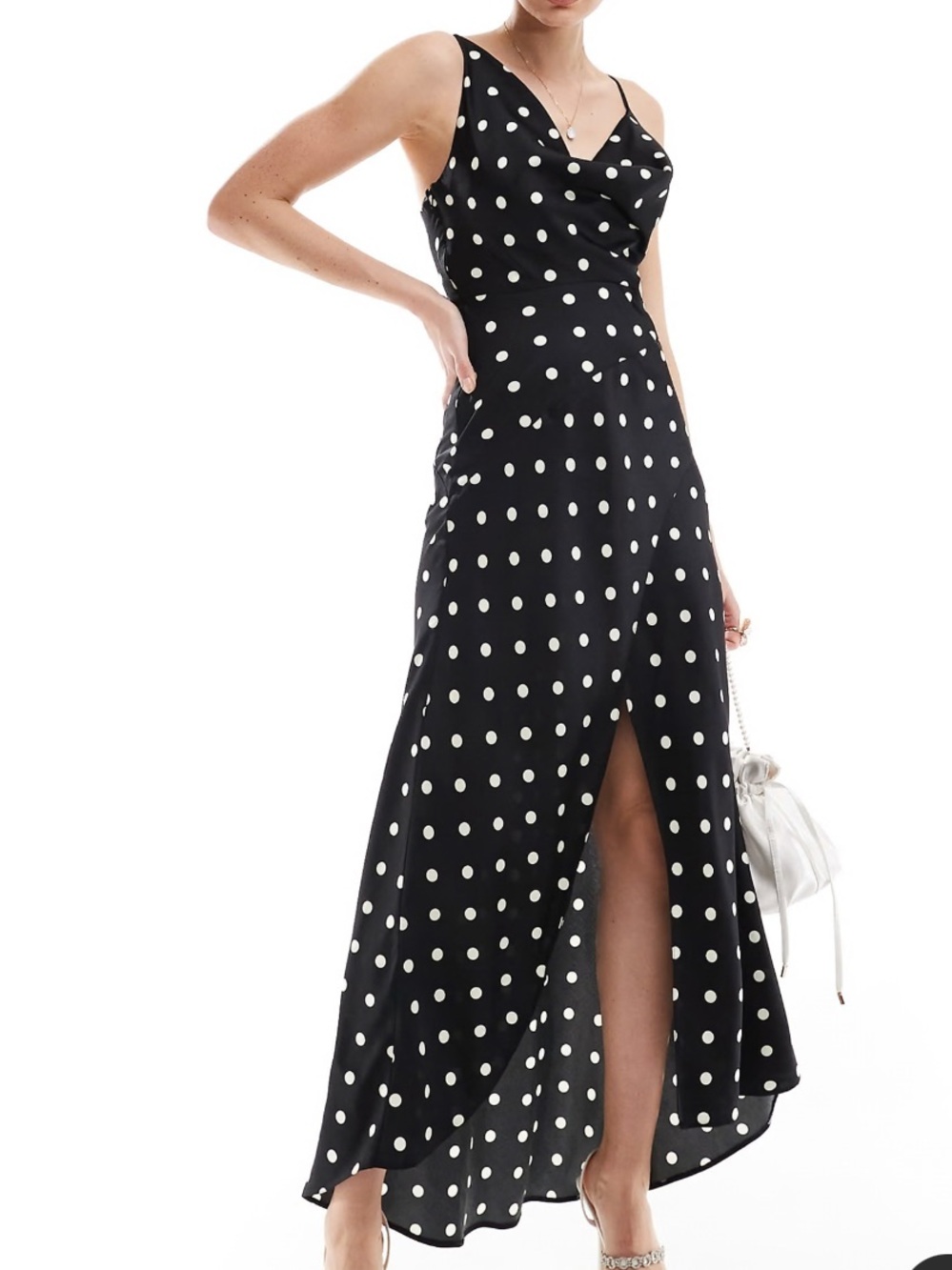 ASOS Black and White Polka Dot Maxi Slip Dress with Front Slit